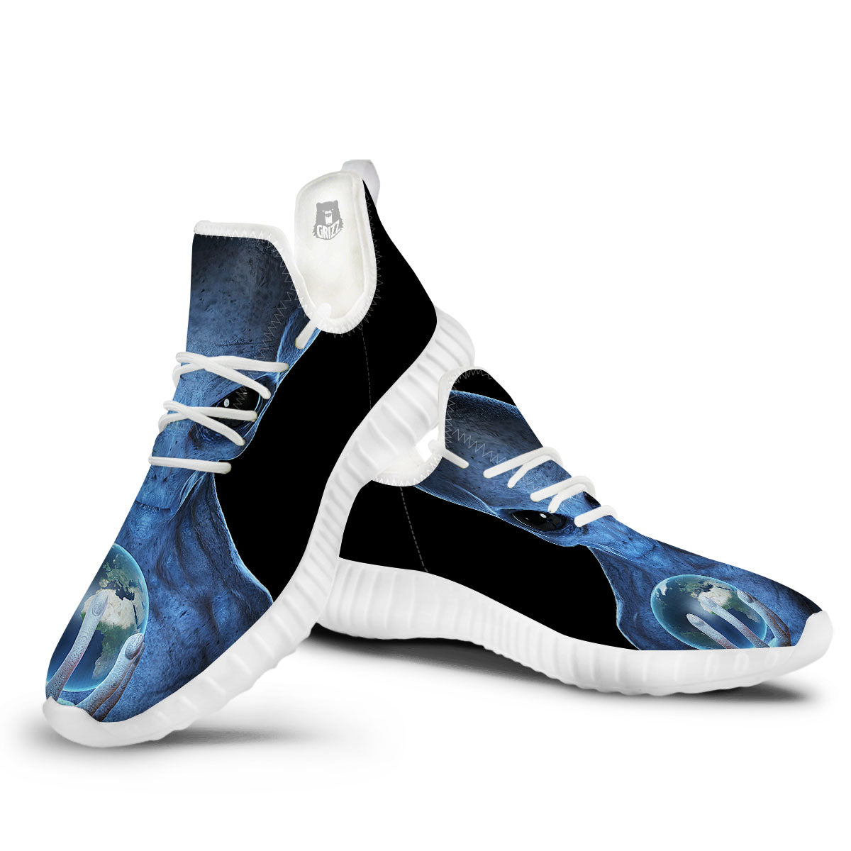 3D Scary Alien Grey Print White Walking Shoes-grizzshop