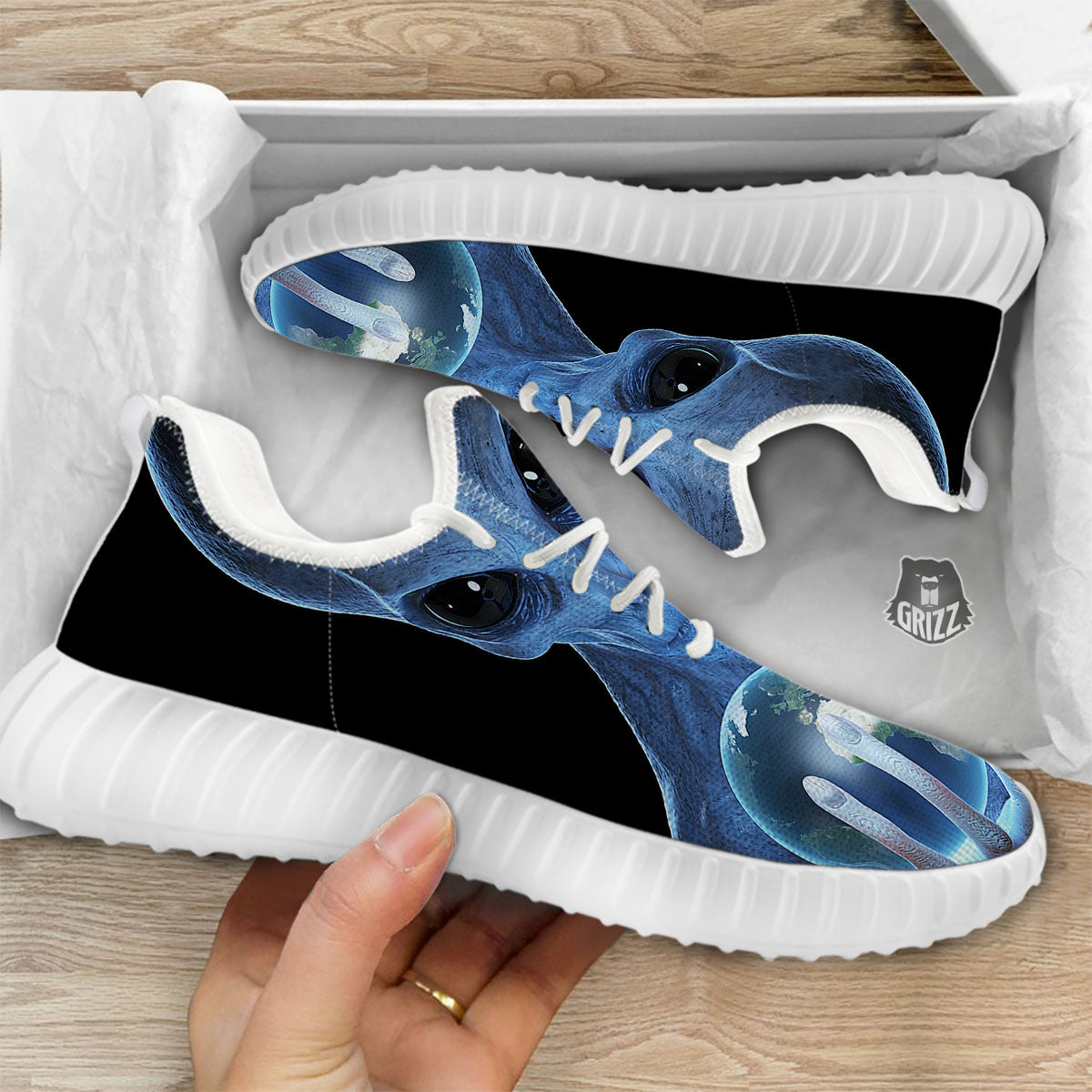 3D Scary Alien Grey Print White Walking Shoes-grizzshop