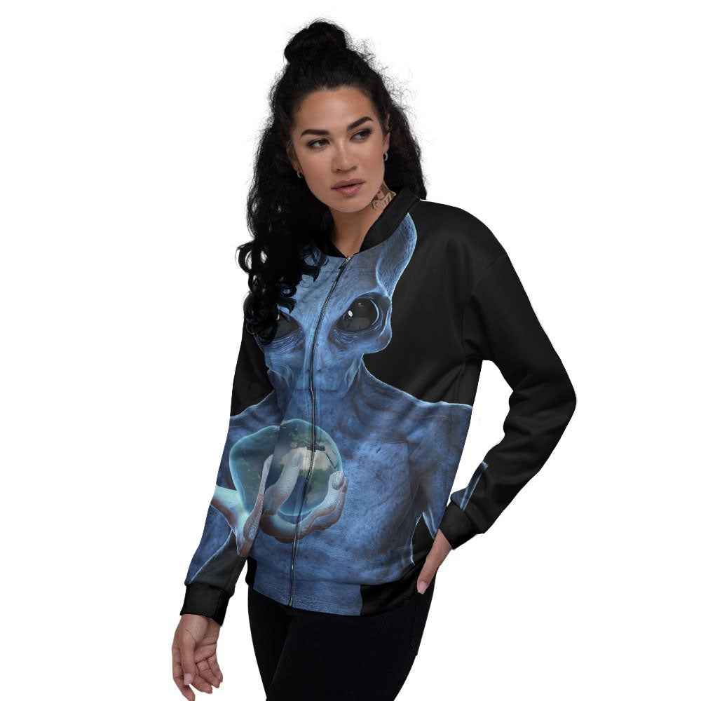 3D Scary Alien Grey Print Women's Bomber Jacket-grizzshop
