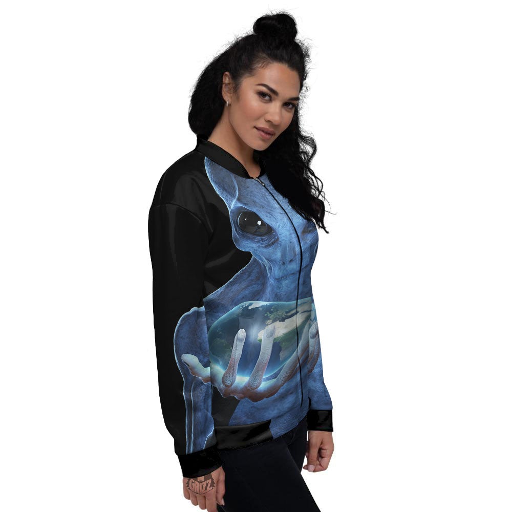 3D Scary Alien Grey Print Women's Bomber Jacket-grizzshop