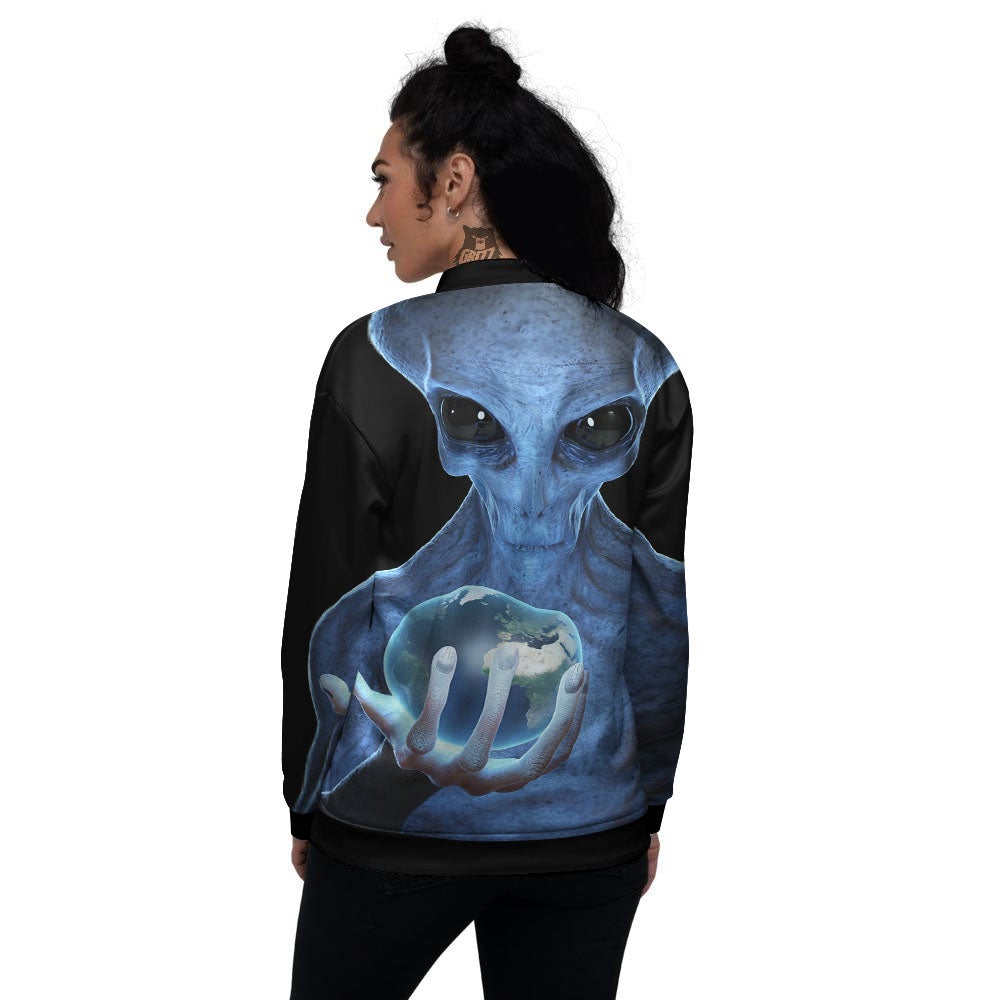 3D Scary Alien Grey Print Women's Bomber Jacket-grizzshop