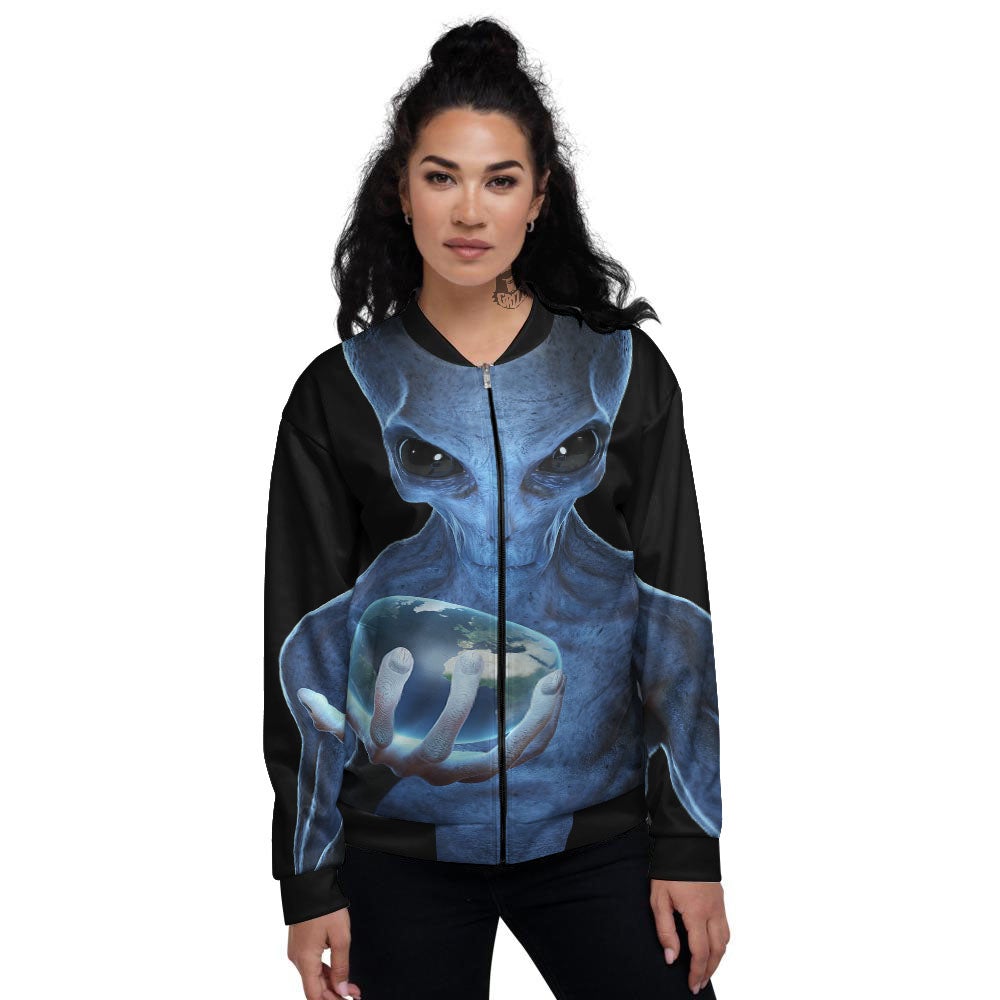 3D Scary Alien Grey Print Women's Bomber Jacket-grizzshop