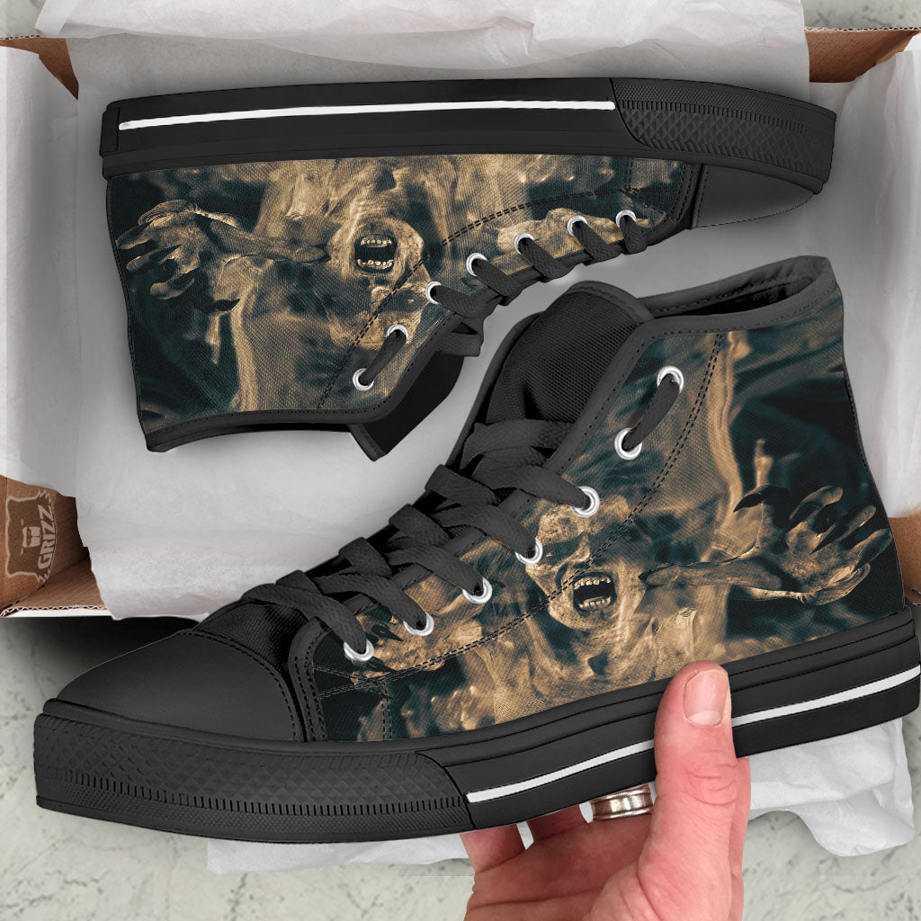 3D Screaming Ghost Horror Print Black High Top Shoes-grizzshop