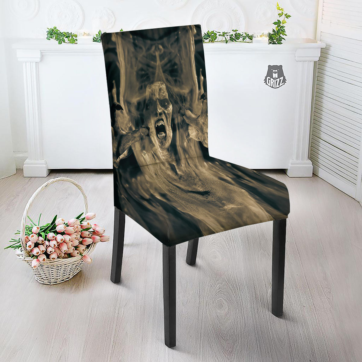 3D Screaming Ghost Horror Print Dining Chair Slipcover-grizzshop
