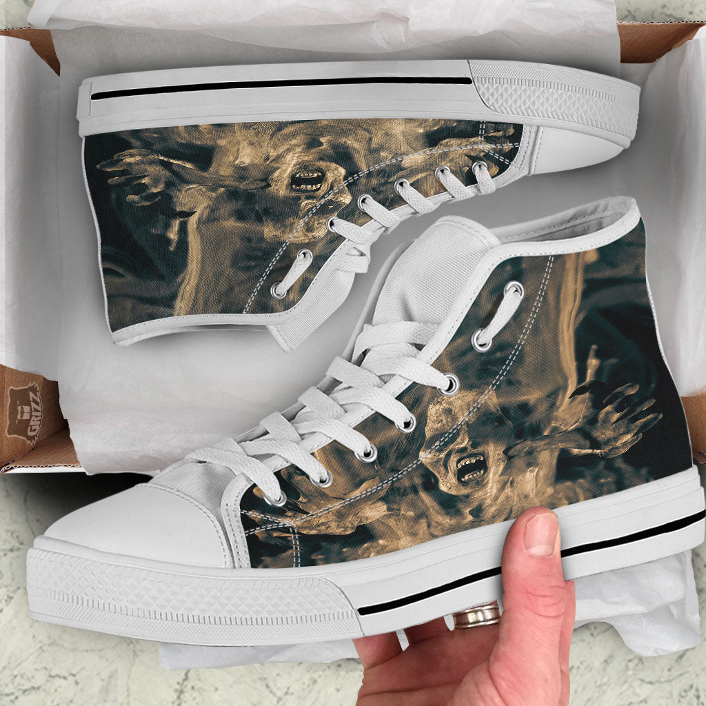3D Screaming Ghost Horror Print White High Top Shoes-grizzshop
