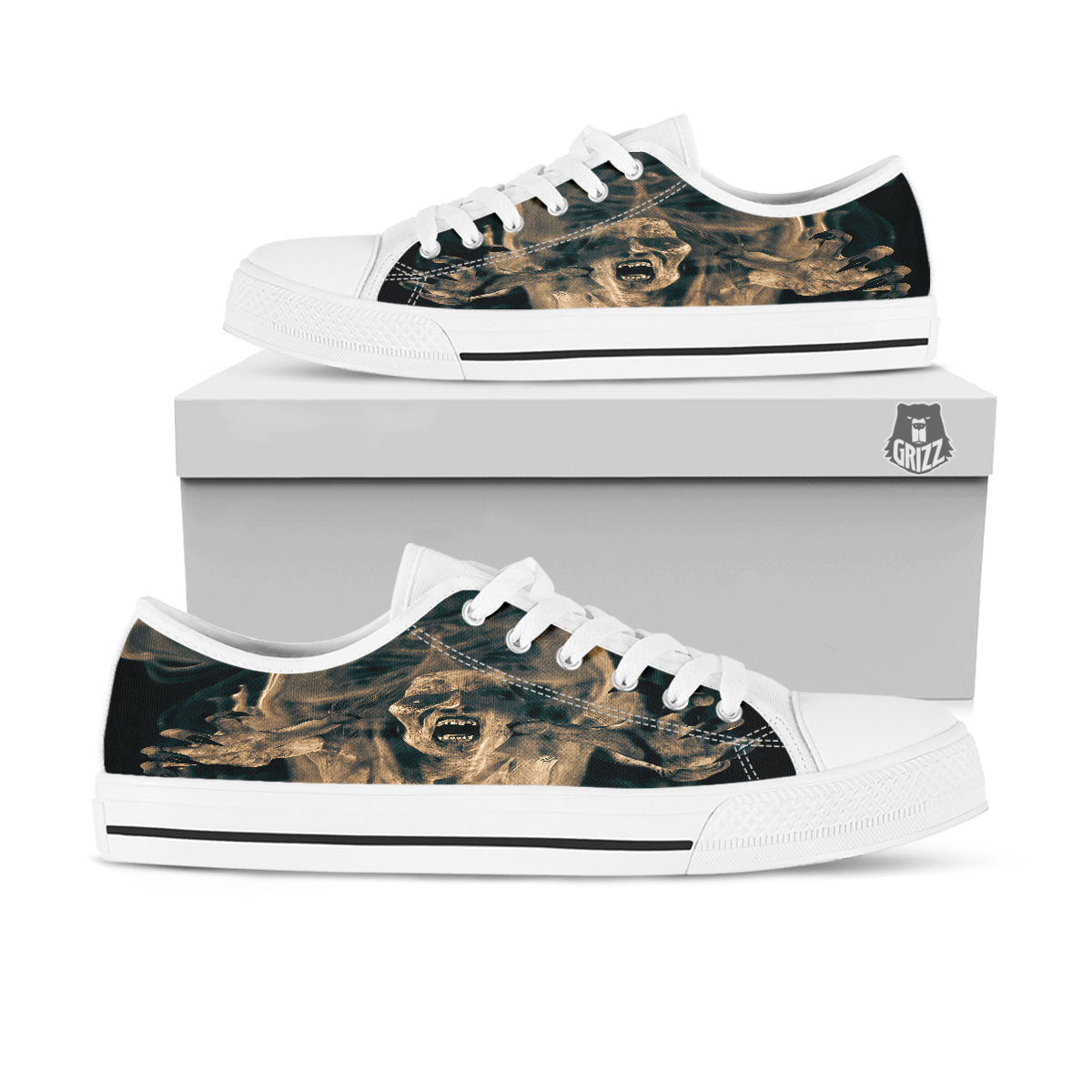 3D Screaming Ghost Horror Print White Low Top Shoes-grizzshop