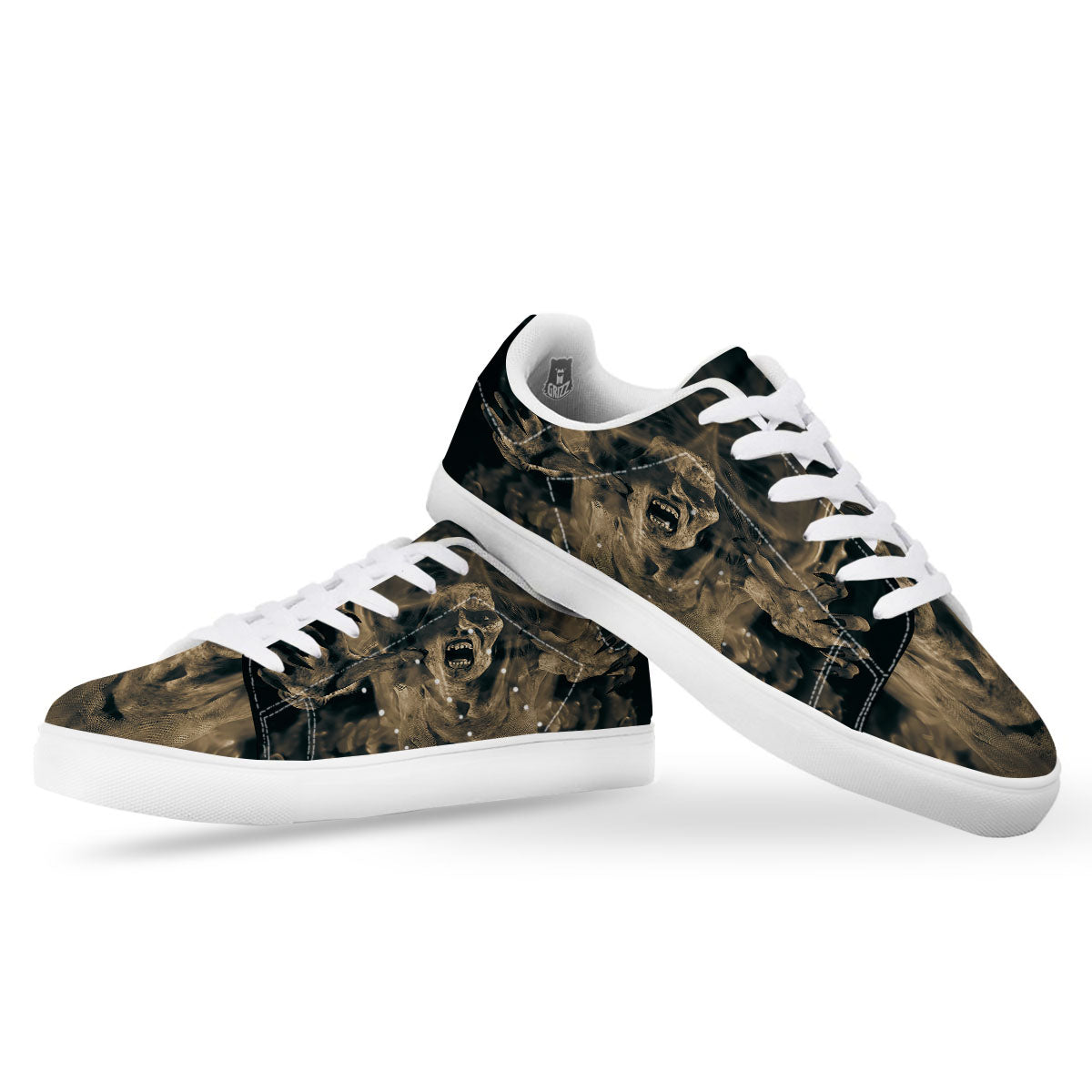 3D Screaming Ghost Horror Print White Low Top Sneakers-grizzshop