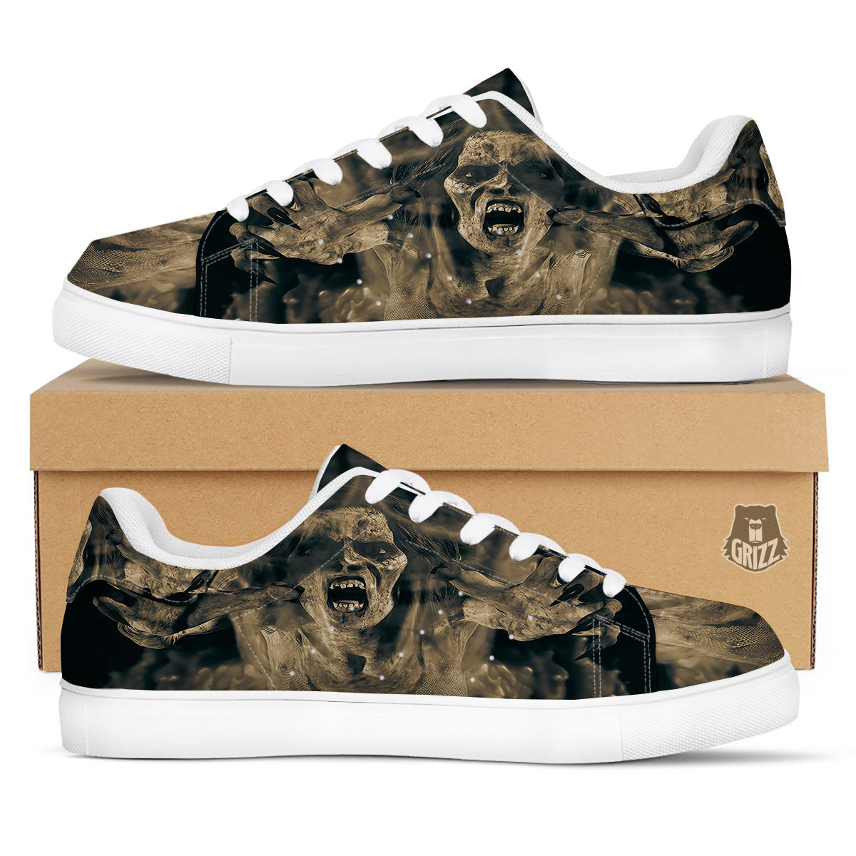 3D Screaming Ghost Horror Print White Low Top Sneakers-grizzshop