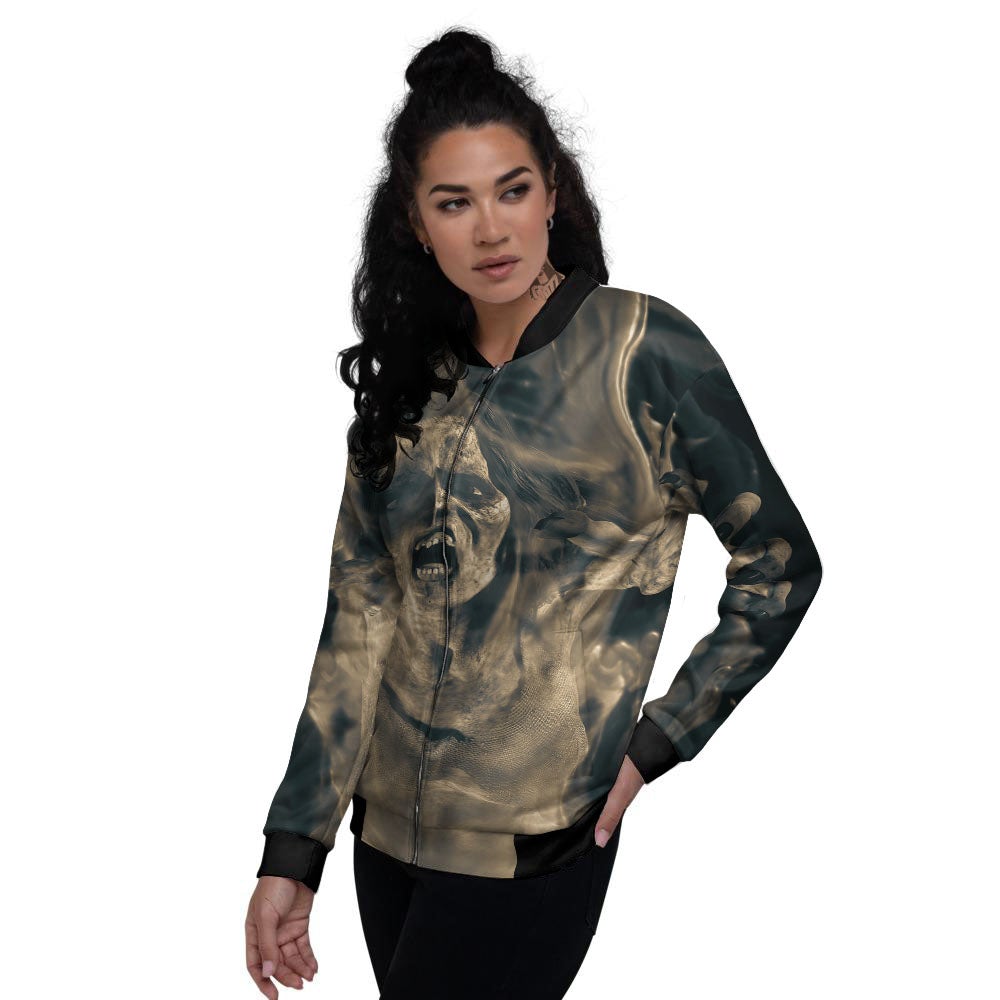 3D Screaming Ghost Horror Print Women's Bomber Jacket-grizzshop