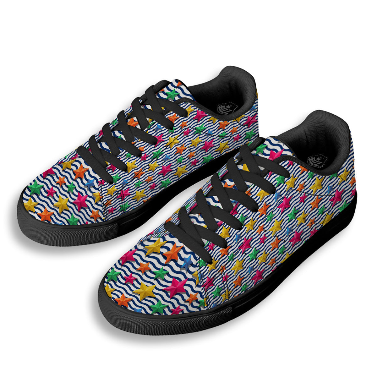 3D Stars And Blue Wave Print Pattern Black Low Top Sneakers-grizzshop