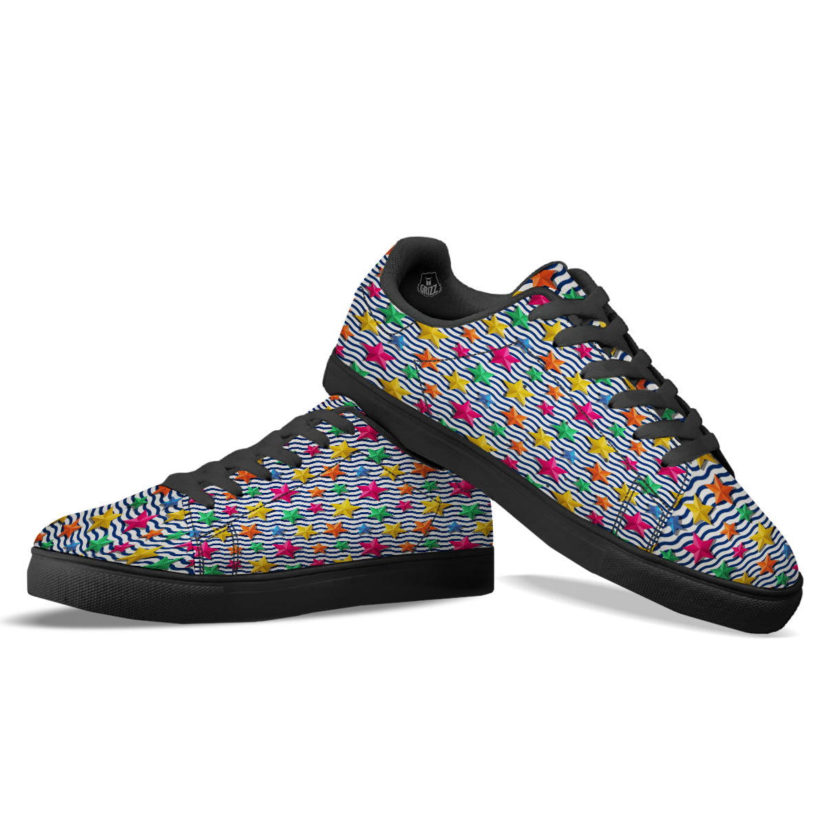 3D Stars And Blue Wave Print Pattern Black Low Top Sneakers-grizzshop