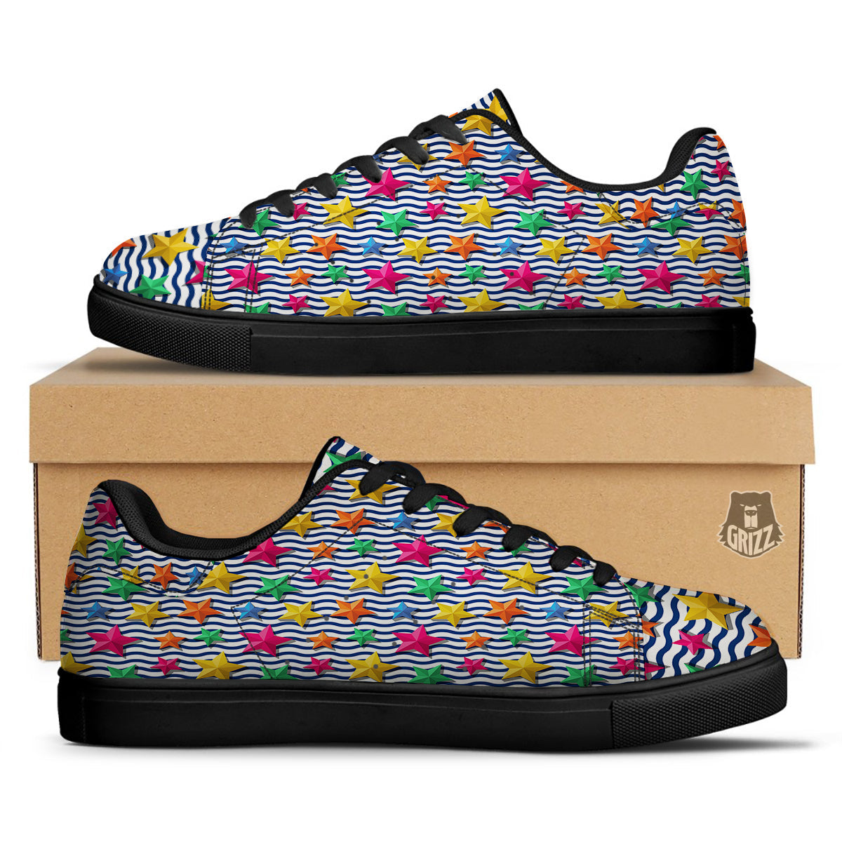 3D Stars And Blue Wave Print Pattern Black Low Top Sneakers-grizzshop