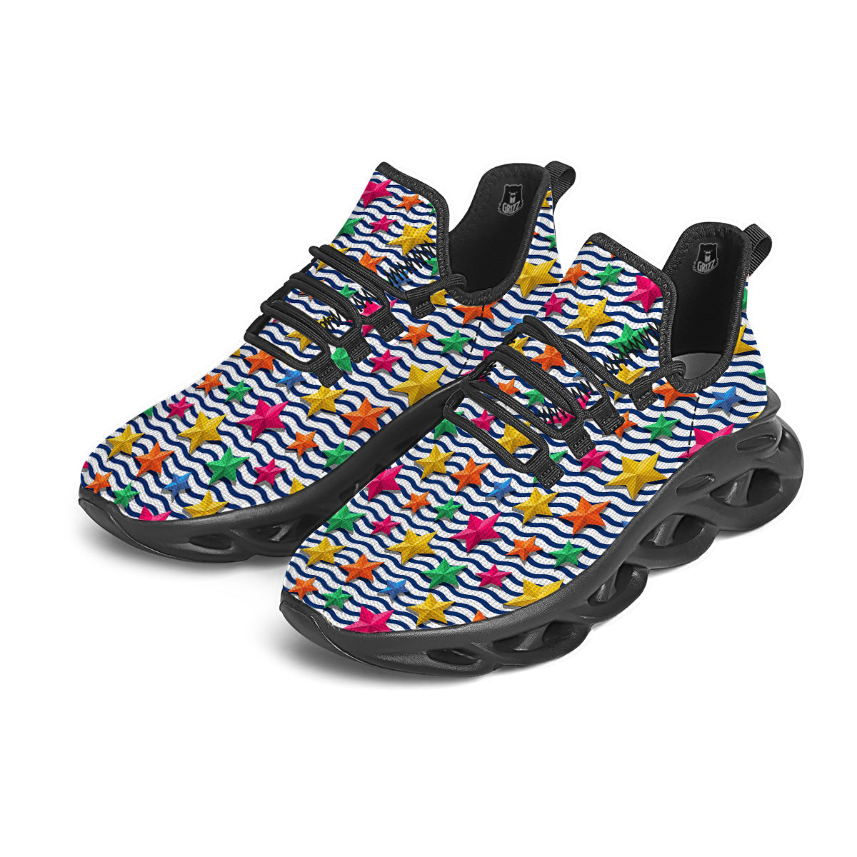 3D Stars And Blue Wave Print Pattern Black Running Shoes-grizzshop