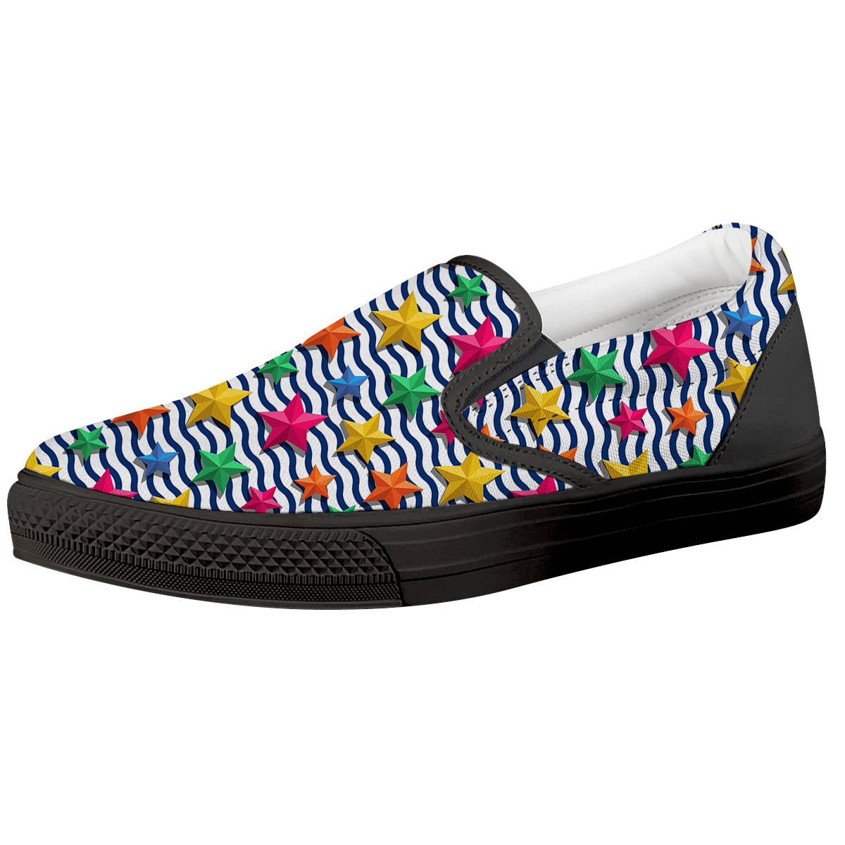 3D Stars And Blue Wave Print Pattern Black Slip On Shoes-grizzshop