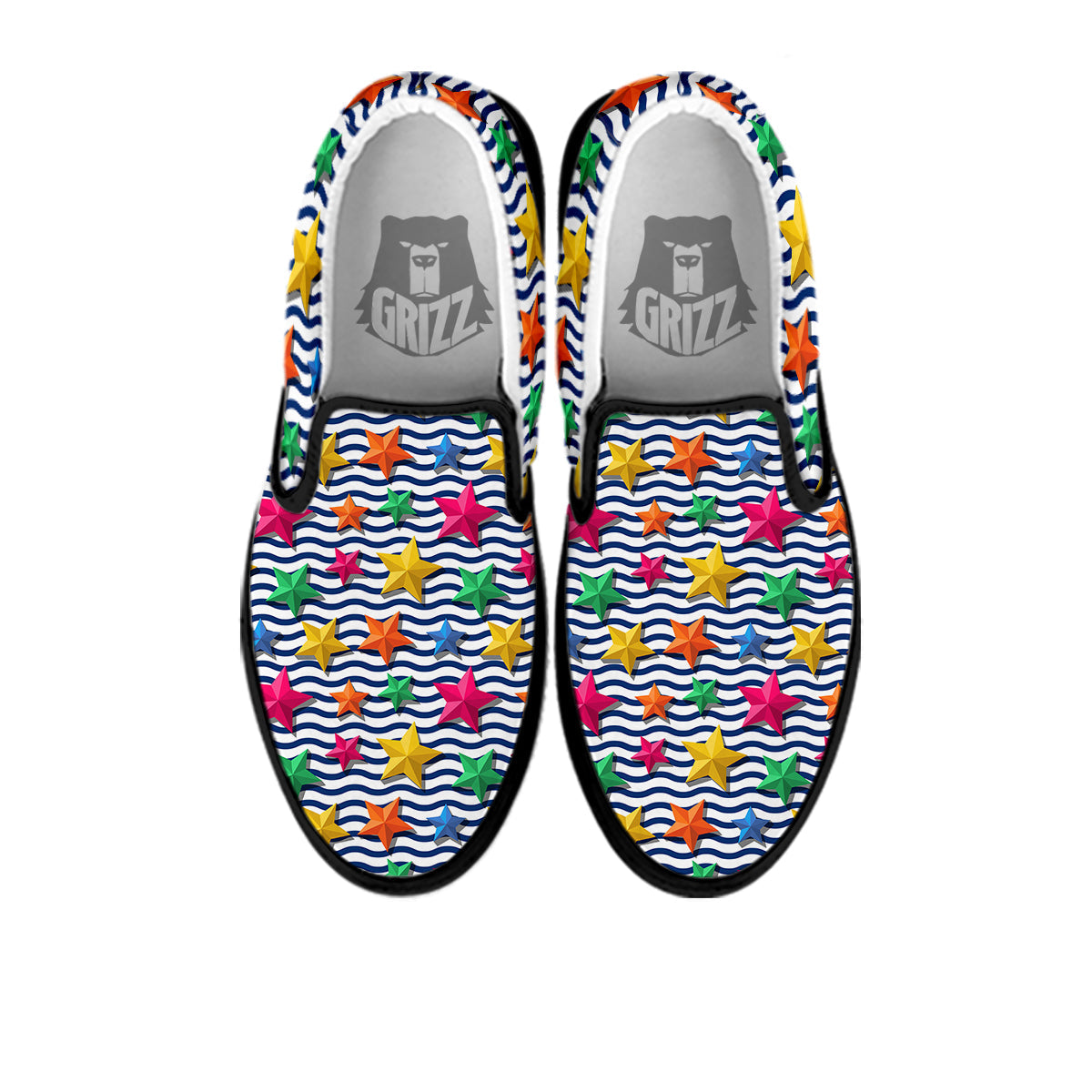 3D Stars And Blue Wave Print Pattern Black Slip On Shoes-grizzshop