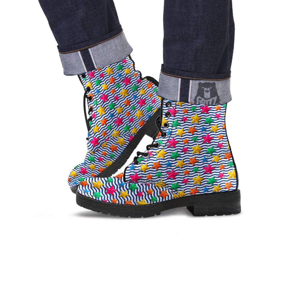 3D Stars And Blue Wave Print Pattern Leather Boots-grizzshop