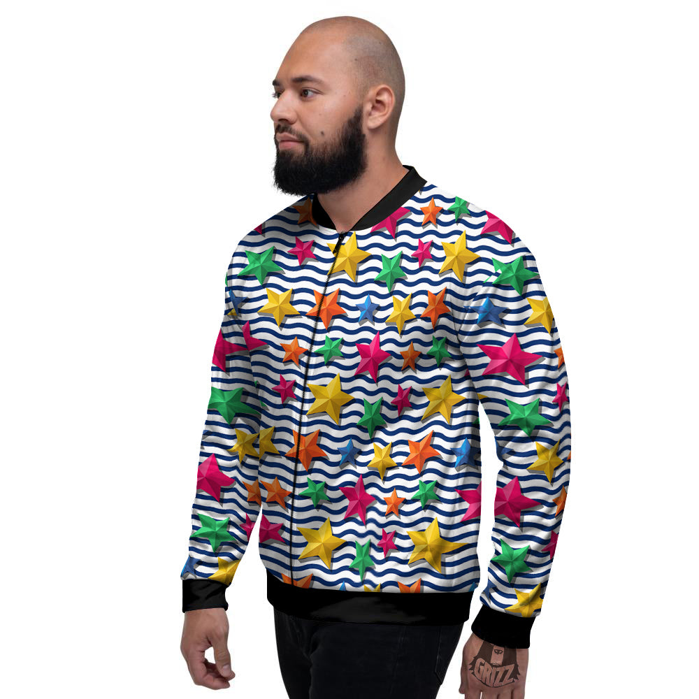 3D Stars And Blue Wave Print Pattern Men's Bomber Jacket-grizzshop