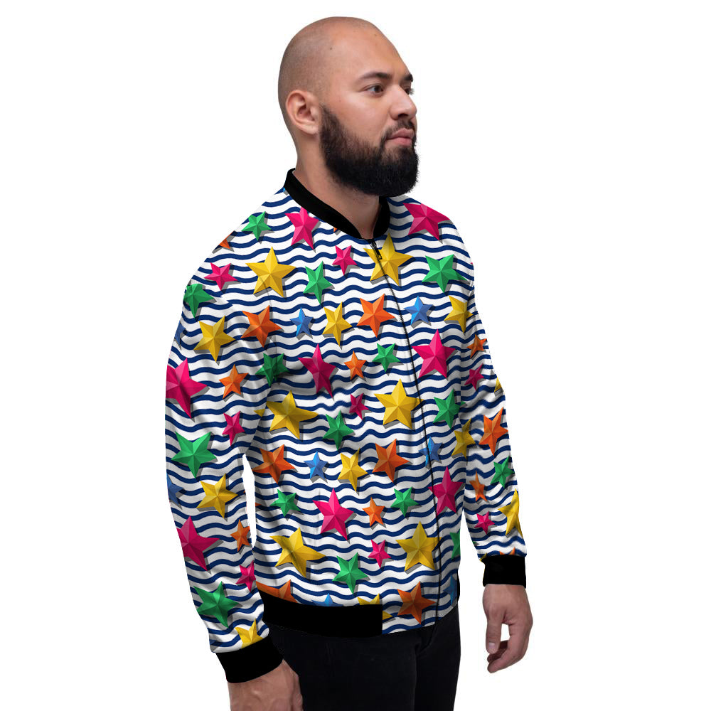 3D Stars And Blue Wave Print Pattern Men's Bomber Jacket-grizzshop
