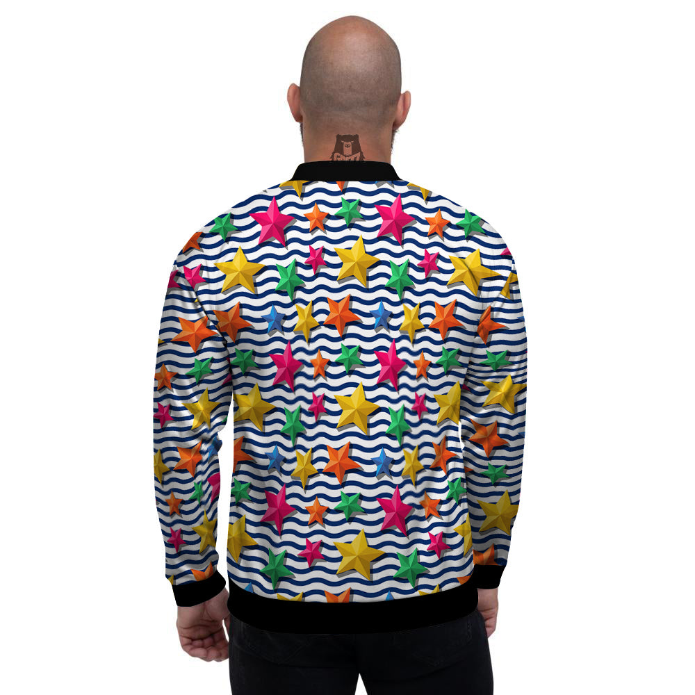 3D Stars And Blue Wave Print Pattern Men's Bomber Jacket-grizzshop