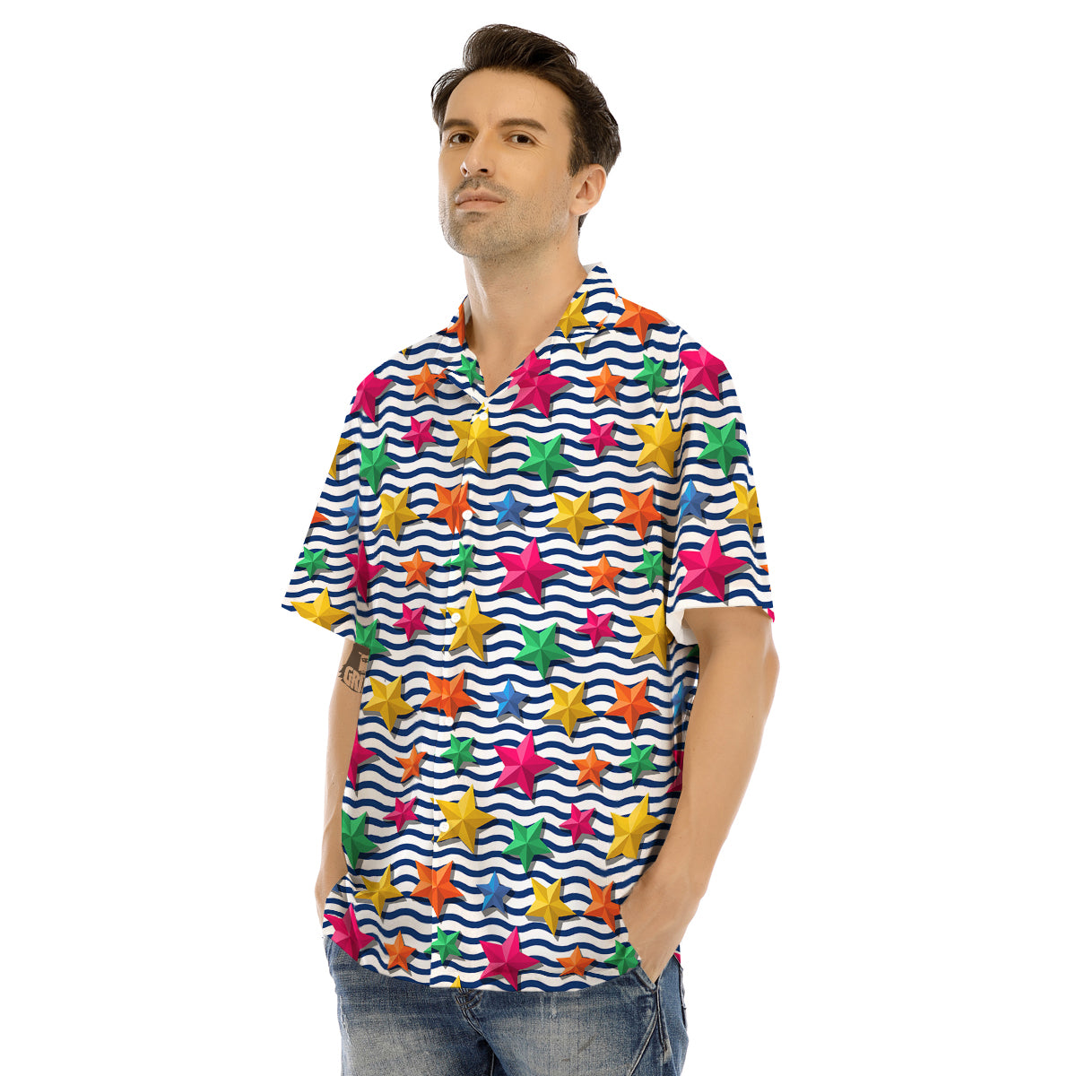 3D Stars And Blue Wave Print Pattern Men's Hawaiian Shirt-grizzshop