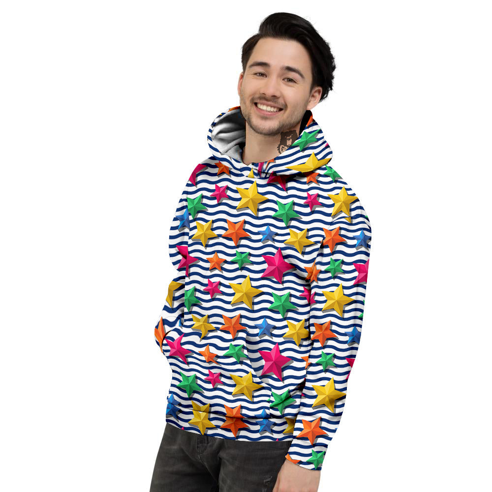 3D Stars And Blue Wave Print Pattern Men's Hoodie-grizzshop