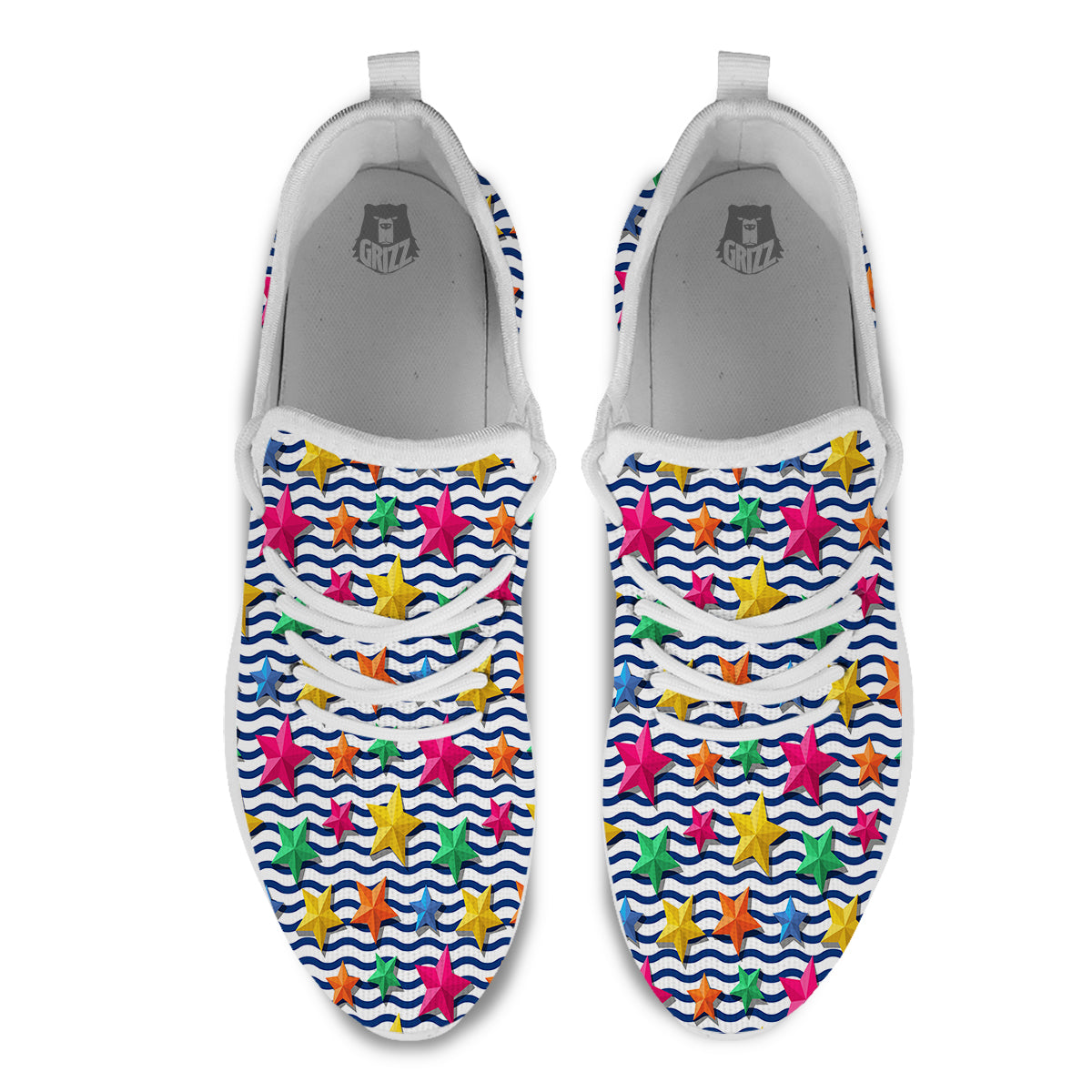 3D Stars And Blue Wave Print Pattern White Athletic Shoes-grizzshop