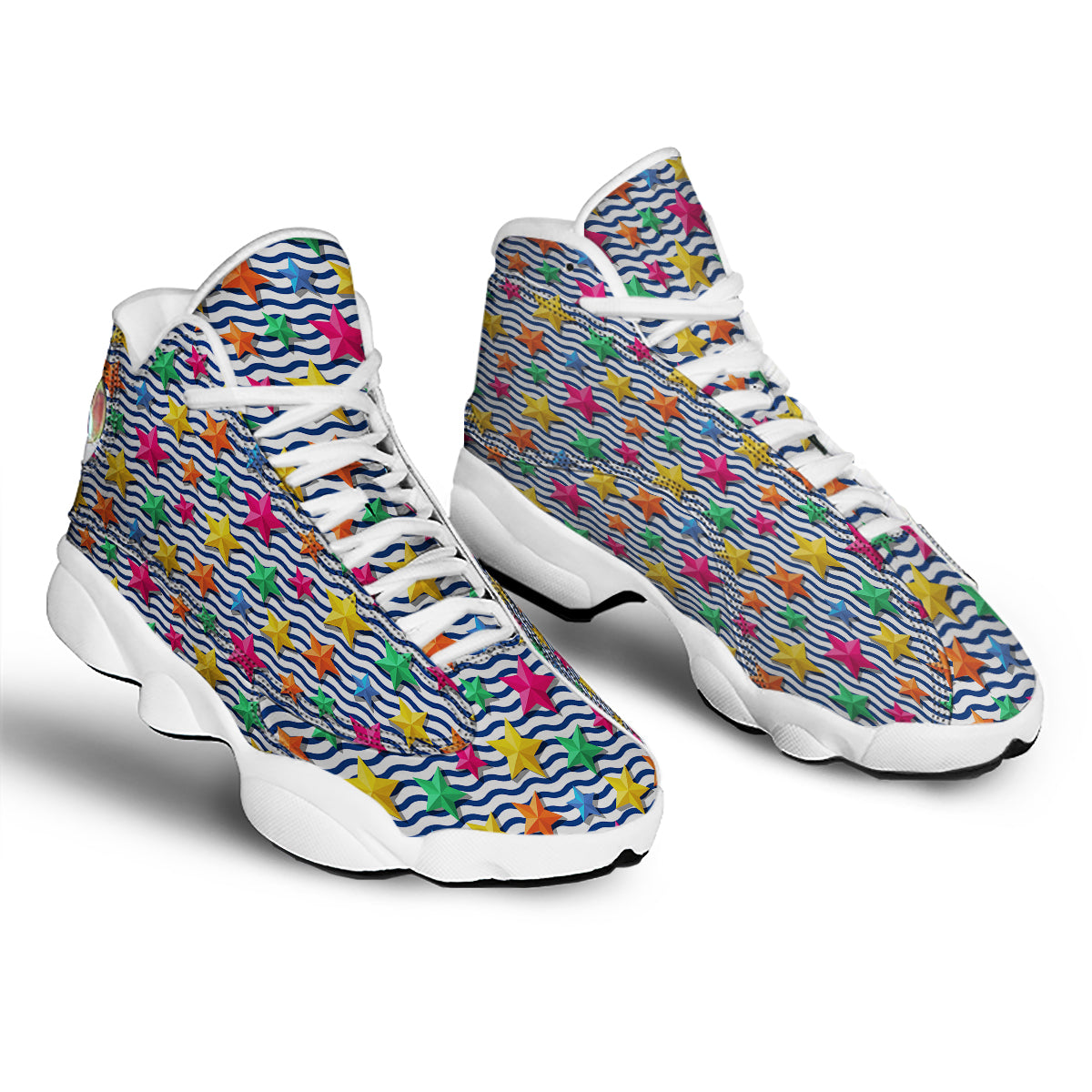 3D Stars And Blue Wave Print Pattern White Basketball Shoes-grizzshop