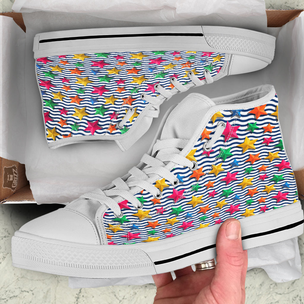 3D Stars And Blue Wave Print Pattern White High Top Shoes-grizzshop