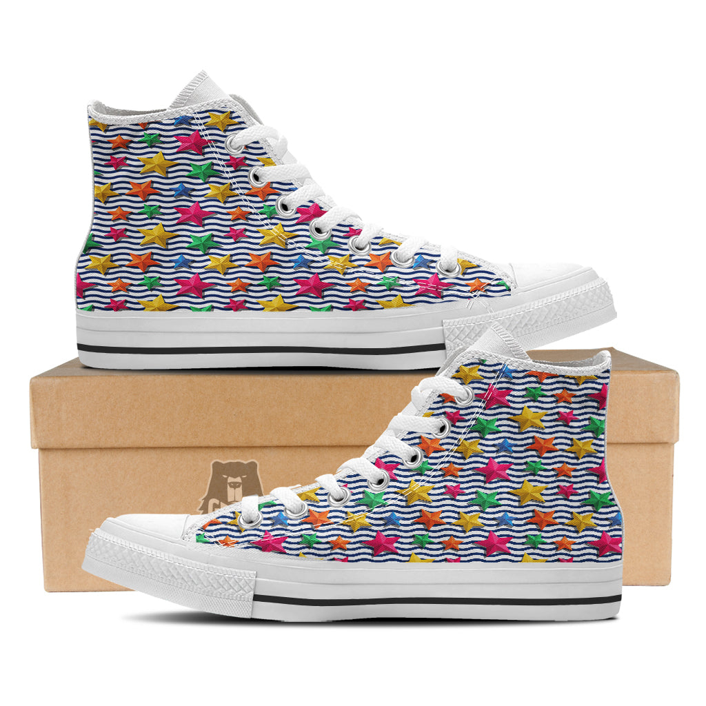 3D Stars And Blue Wave Print Pattern White High Top Shoes-grizzshop