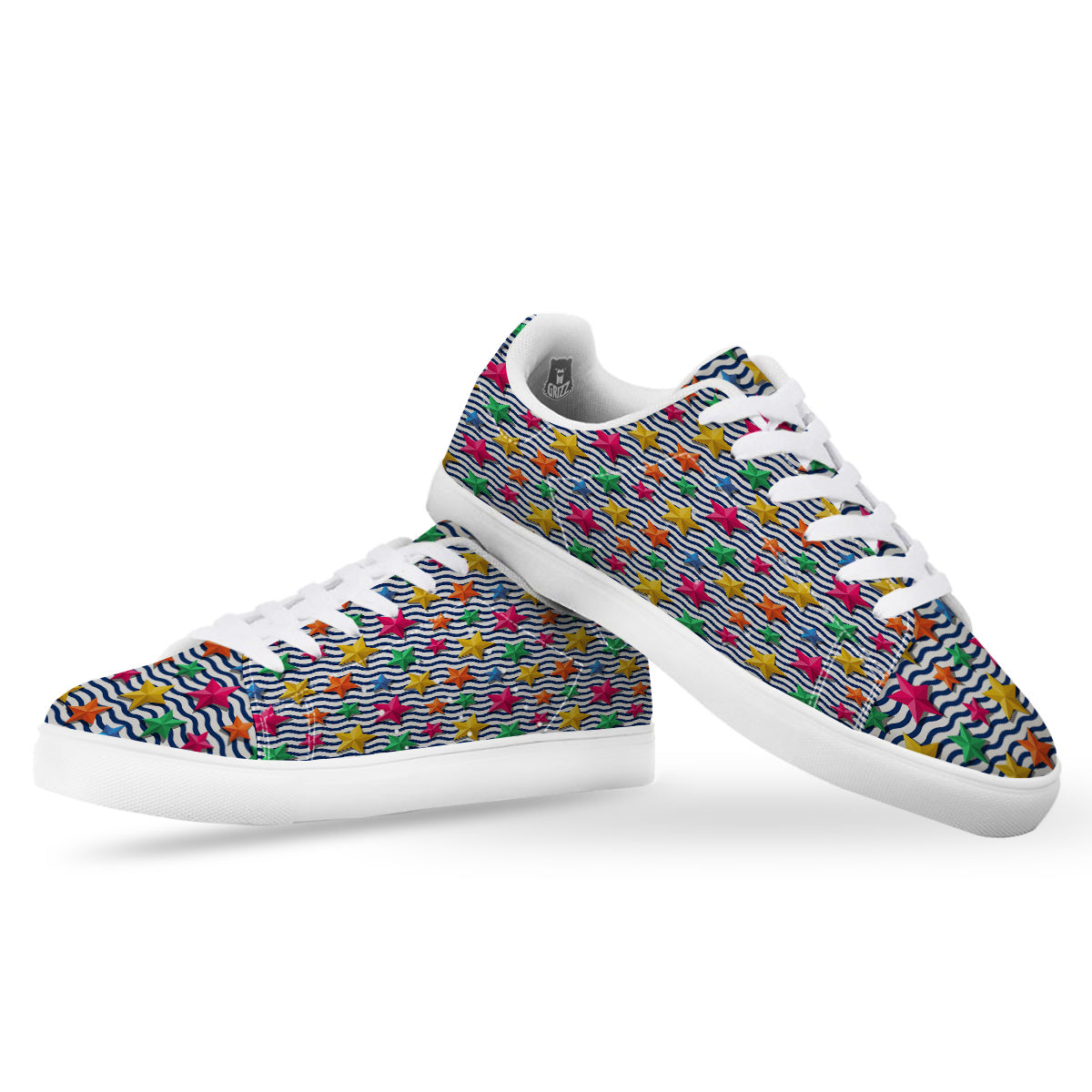 3D Stars And Blue Wave Print Pattern White Low Top Sneakers-grizzshop
