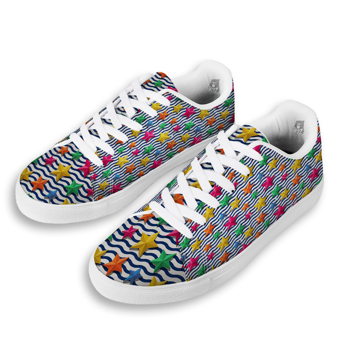 3D Stars And Blue Wave Print Pattern White Low Top Sneakers-grizzshop
