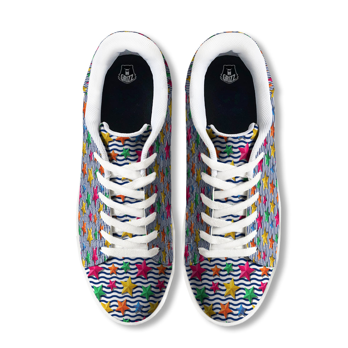 3D Stars And Blue Wave Print Pattern White Low Top Sneakers-grizzshop
