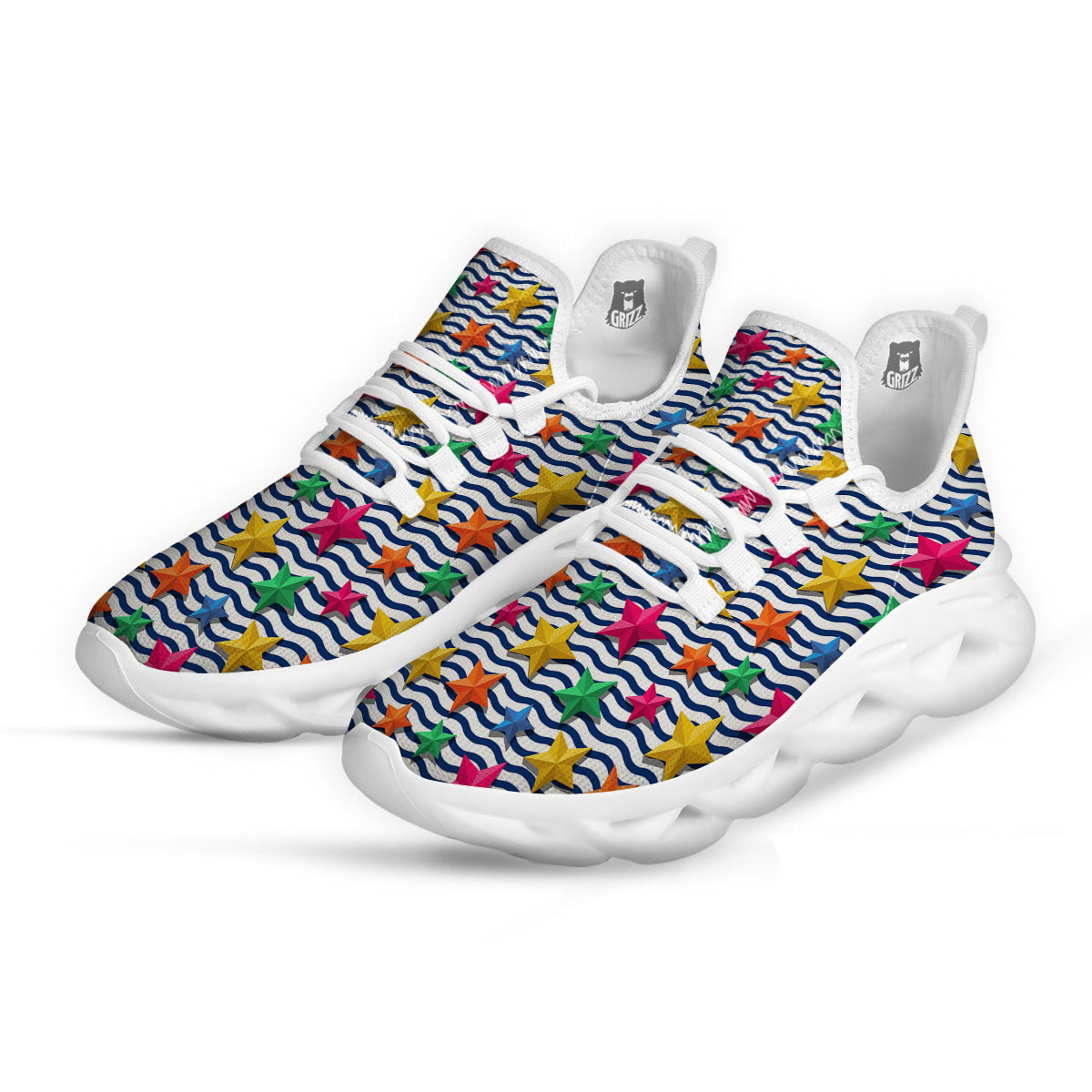 3D Stars And Blue Wave Print Pattern White Running Shoes-grizzshop