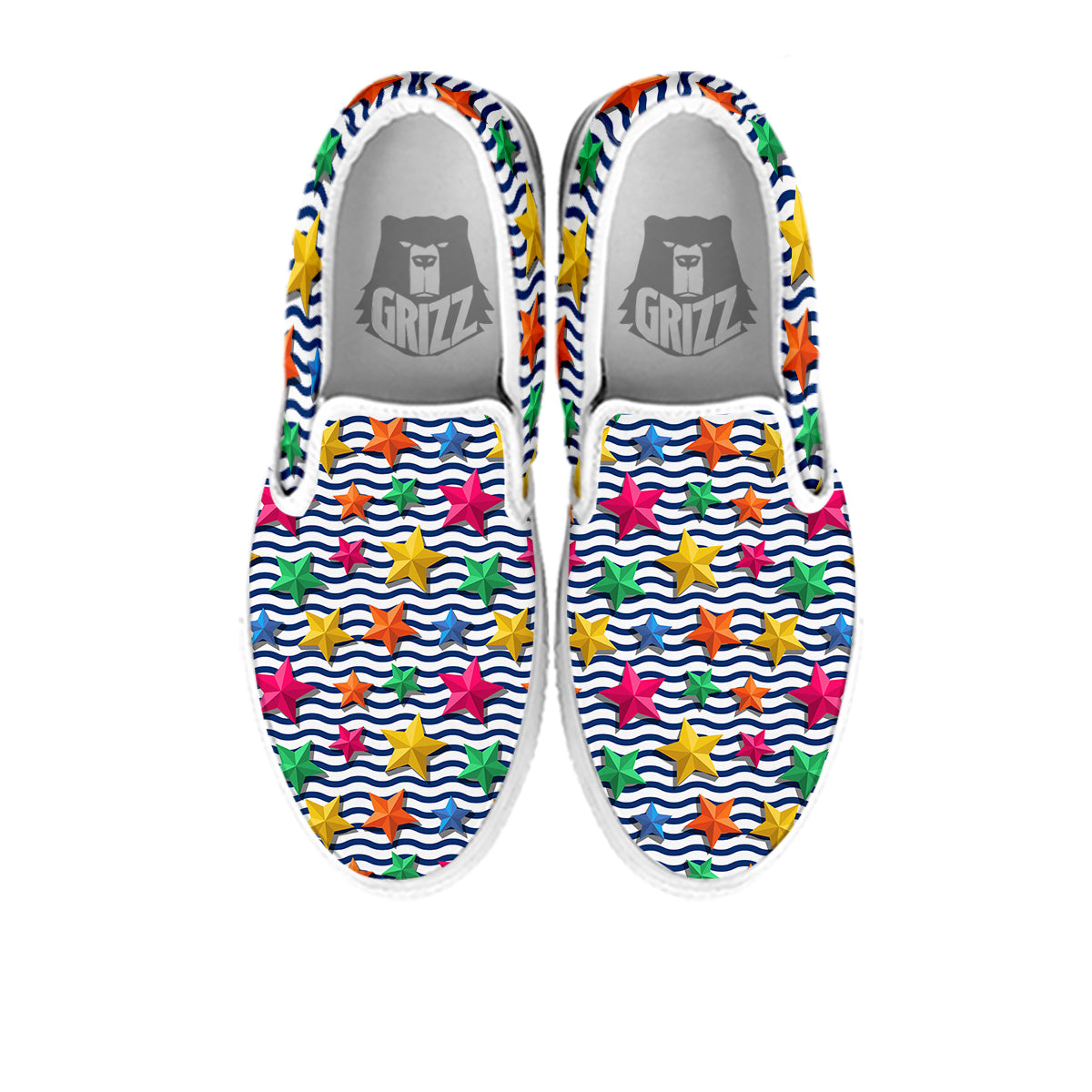 3D Stars And Blue Wave Print Pattern White Slip On Shoes-grizzshop
