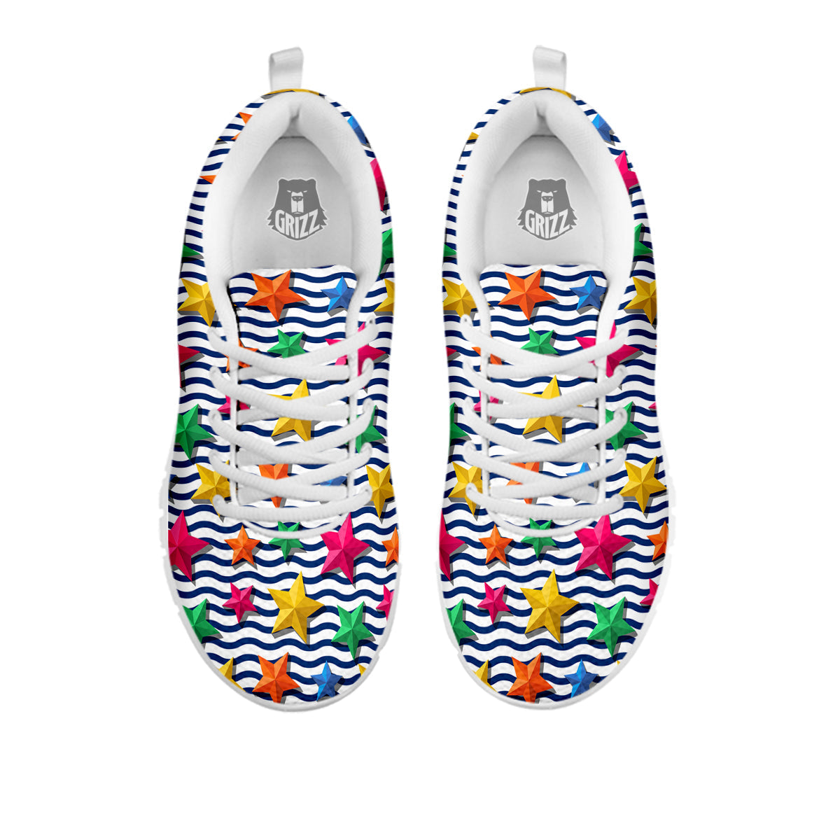 3D Stars And Blue Wave Print Pattern White Sneaker-grizzshop