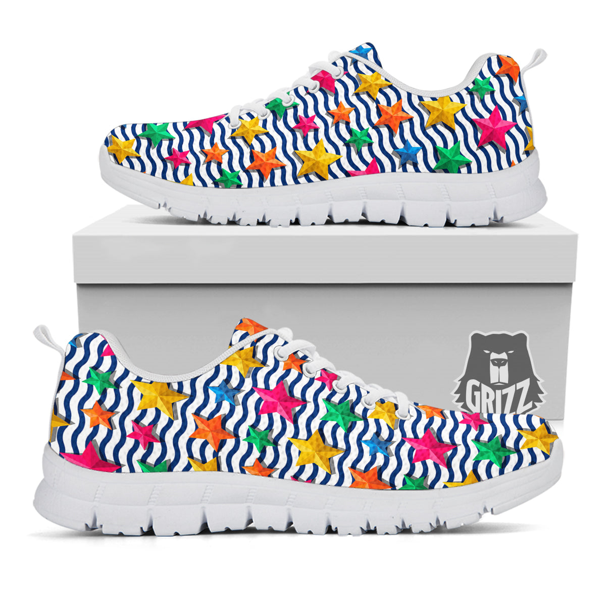 3D Stars And Blue Wave Print Pattern White Sneaker-grizzshop