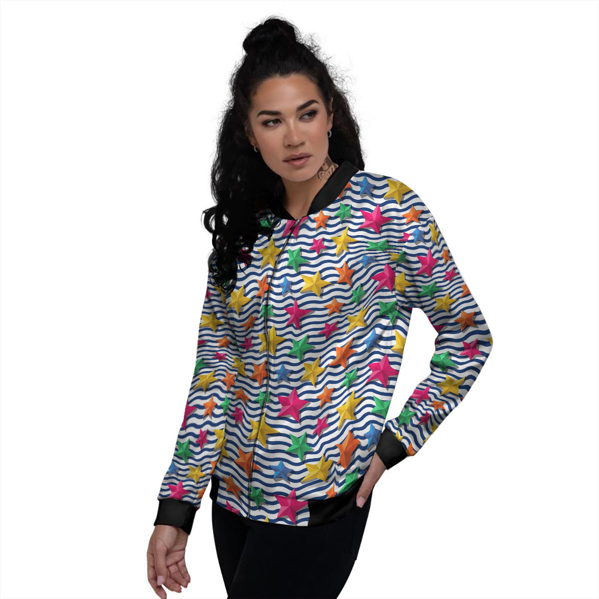 3D Stars And Blue Wave Print Pattern Women's Bomber Jacket-grizzshop
