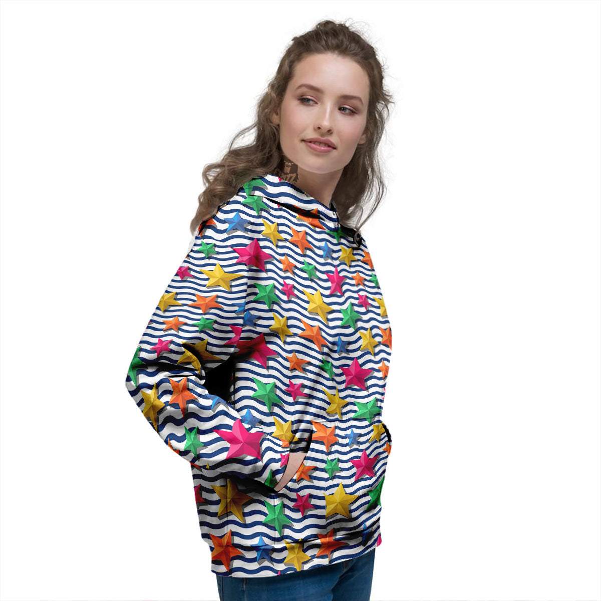 3D Stars And Blue Wave Print Pattern Women's Hoodie-grizzshop