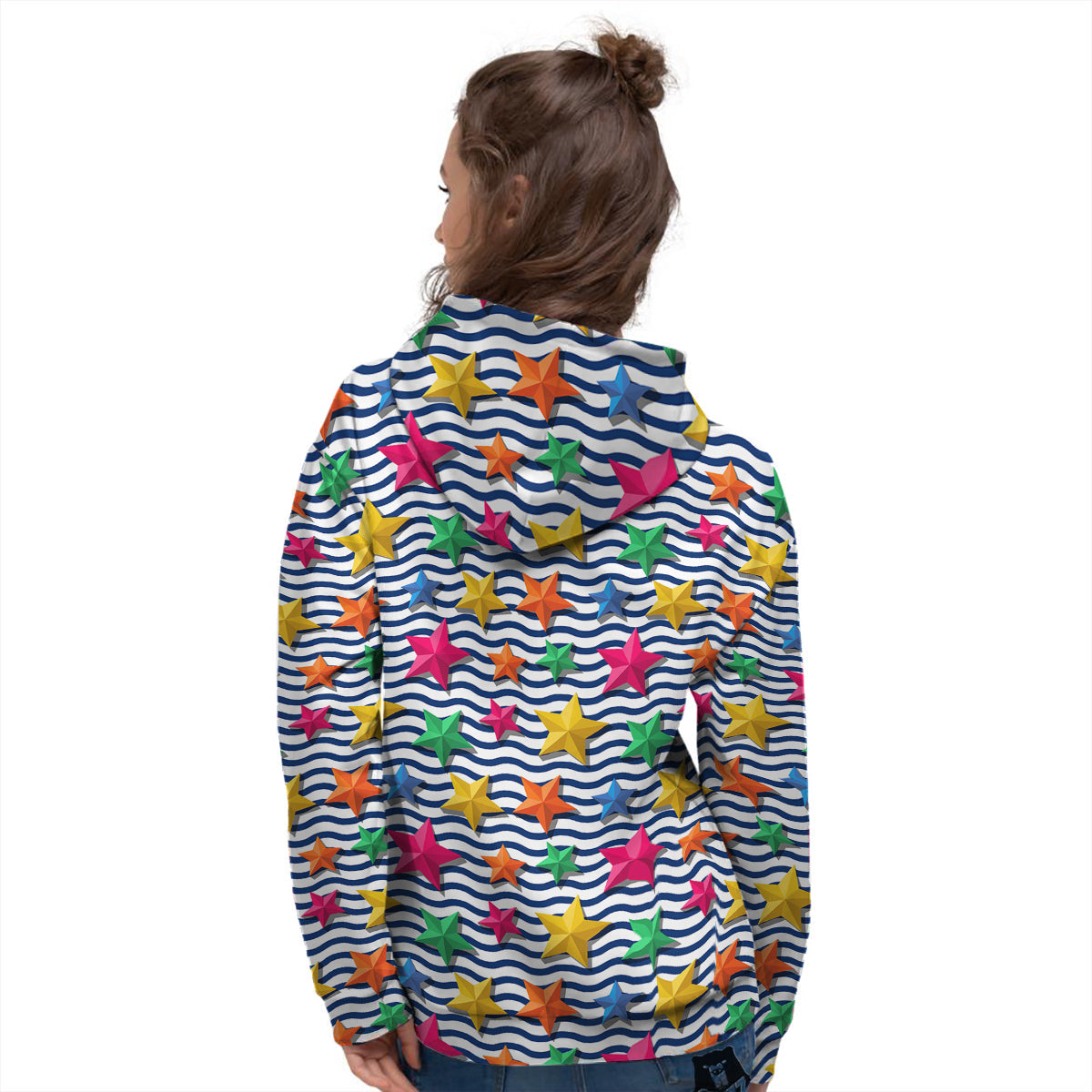 3D Stars And Blue Wave Print Pattern Women's Hoodie-grizzshop