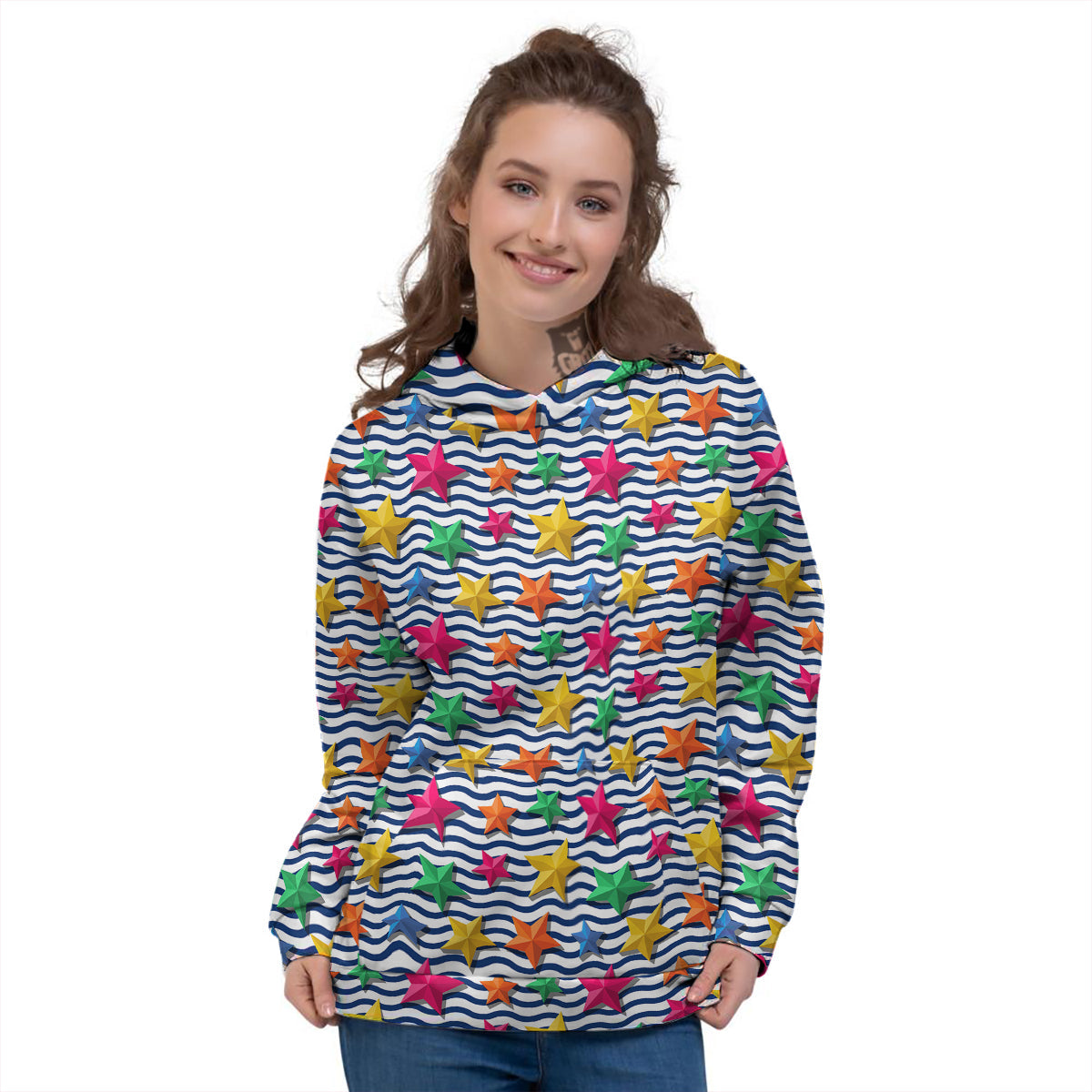 3D Stars And Blue Wave Print Pattern Women's Hoodie-grizzshop