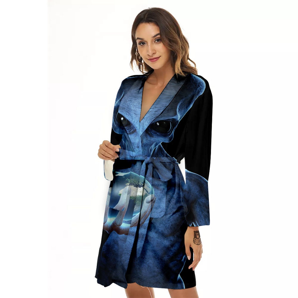 3D Scary Alien Grey Print Women's Robe-grizzshop