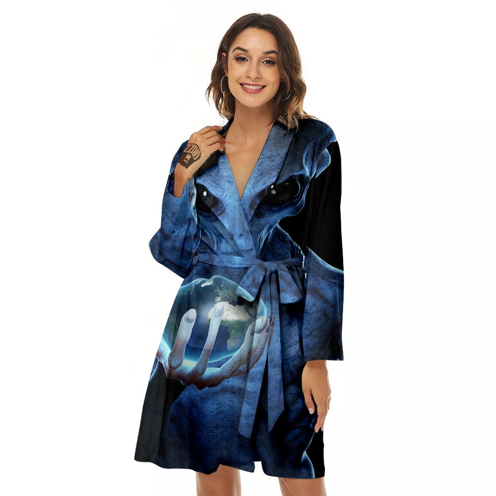 3D Scary Alien Grey Print Women's Robe-grizzshop