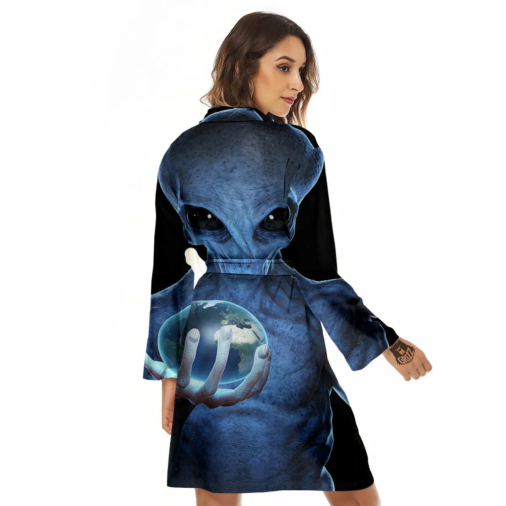 3D Scary Alien Grey Print Women's Robe-grizzshop