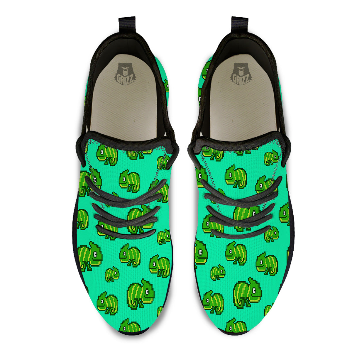 8 Bit Pixel Green Chameleons Print Pattern Black Athletic Shoes-grizzshop