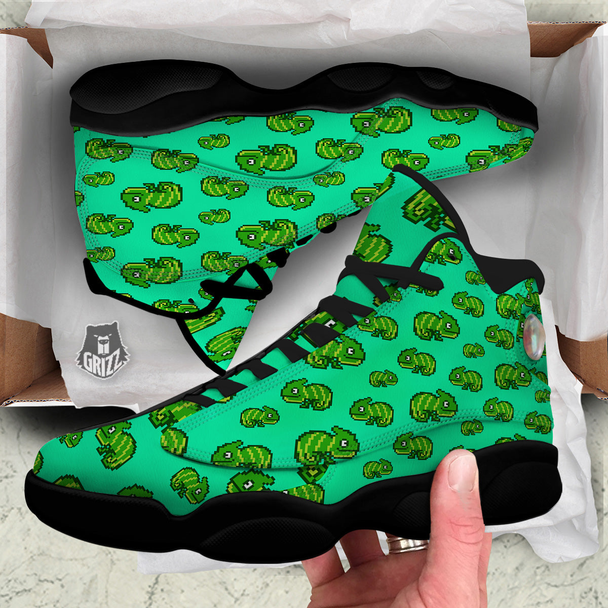 8 Bit Pixel Green Chameleons Print Pattern Black Basketball Shoes-grizzshop