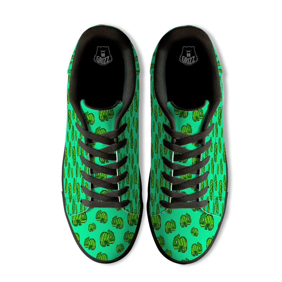8 Bit Pixel Green Chameleons Print Pattern Black Low Top Sneakers-grizzshop