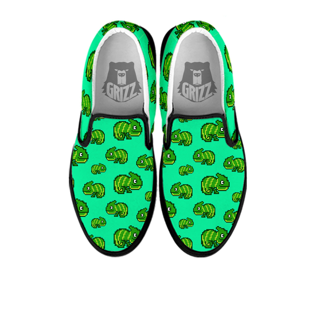 8 Bit Pixel Green Chameleons Print Pattern Black Slip On Shoes-grizzshop
