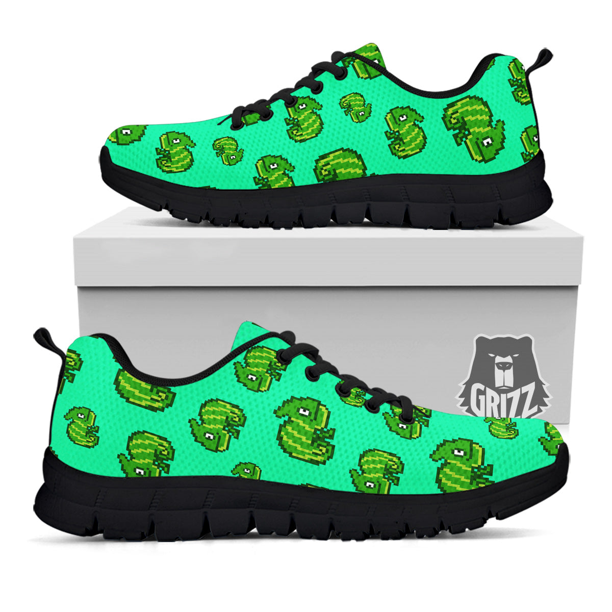 8 Bit Pixel Green Chameleons Print Pattern Black Sneaker-grizzshop