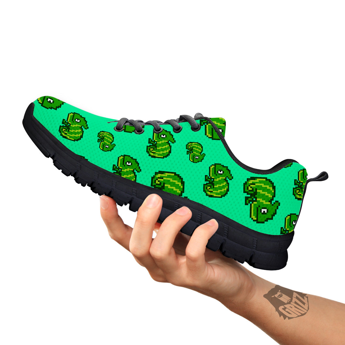 8 Bit Pixel Green Chameleons Print Pattern Black Sneaker-grizzshop