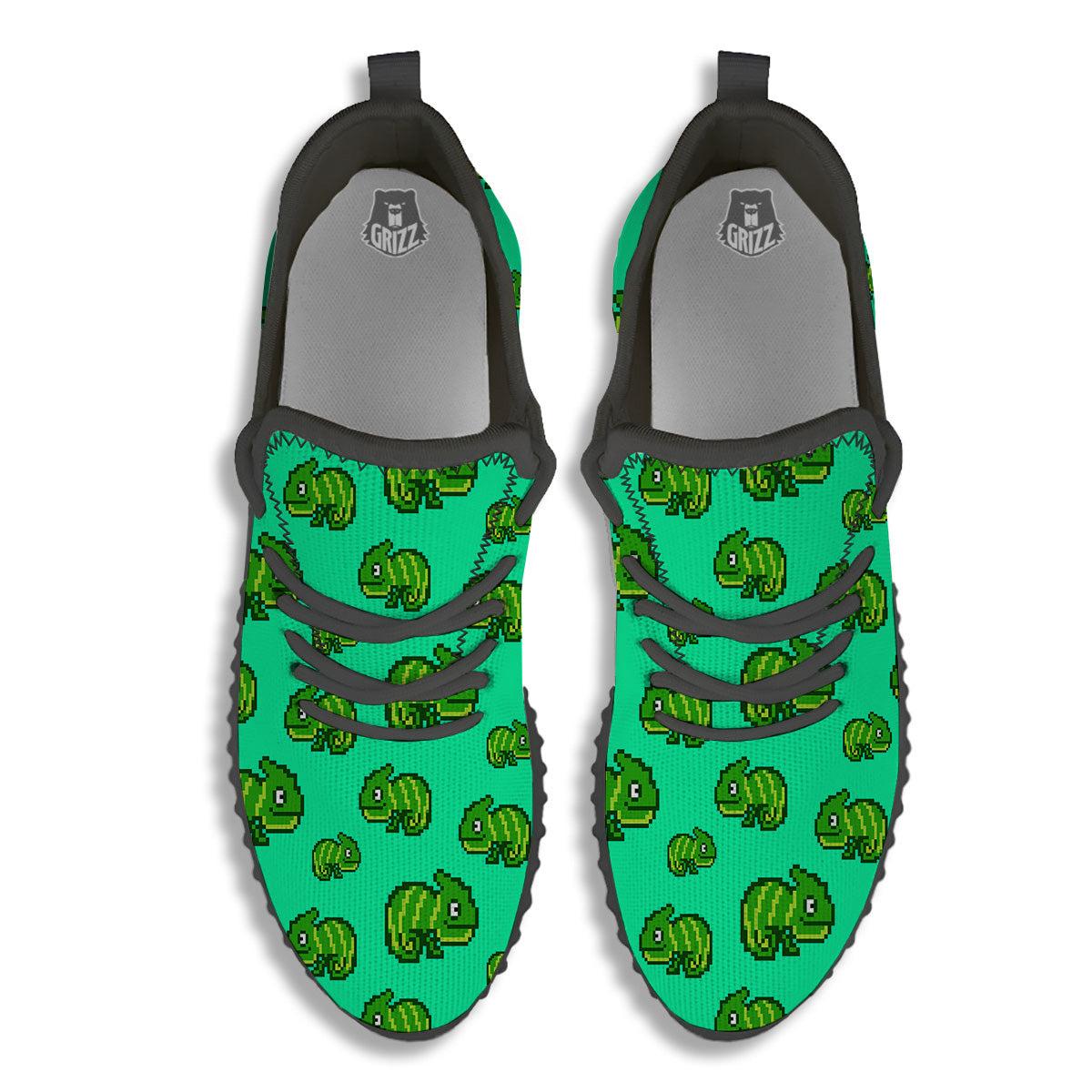 8 Bit Pixel Green Chameleons Print Pattern Black Walking Shoes-grizzshop